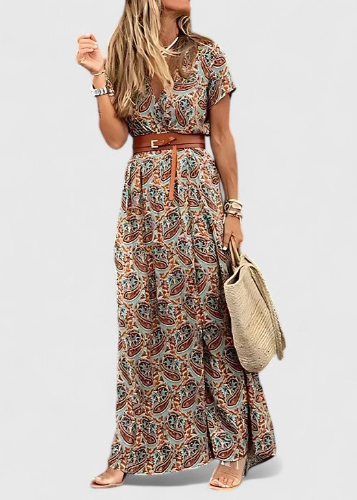 Paisley Print V-Neck Short Sleeve Belted Split Maxi Dress