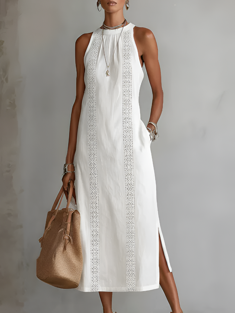 Lace Trim Halter Neck Sleeveless Maxi Dress