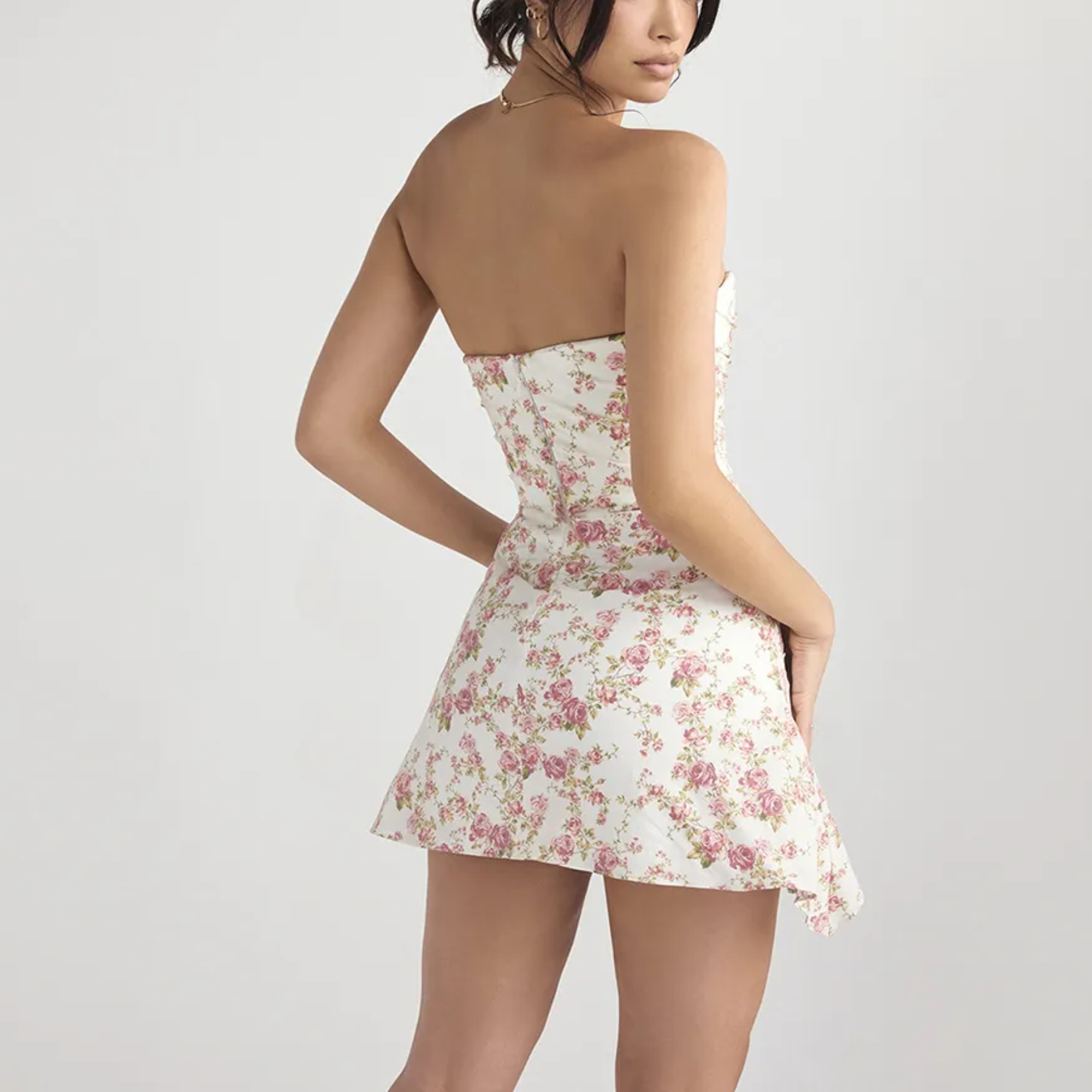 Floral Satin Strapless Mini Dress - View 4