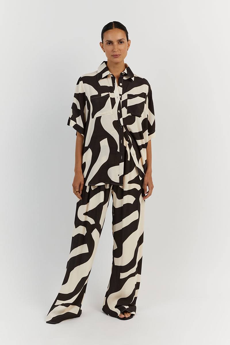 Abstract Print Short Sleeve Shirt and Wide Leg Pants Two Piece Set