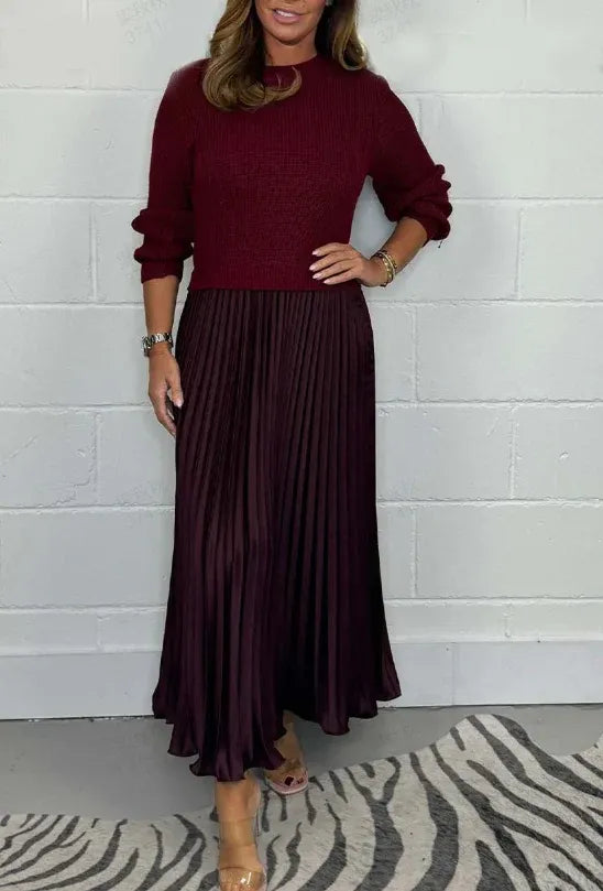 Crew Neck Long Sleeve Ribbed Knit Top Pleated Maxi Dress