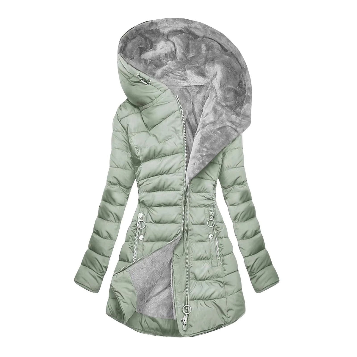 Hooded Fleece Lined Zip Front Longline Puffer Jacket