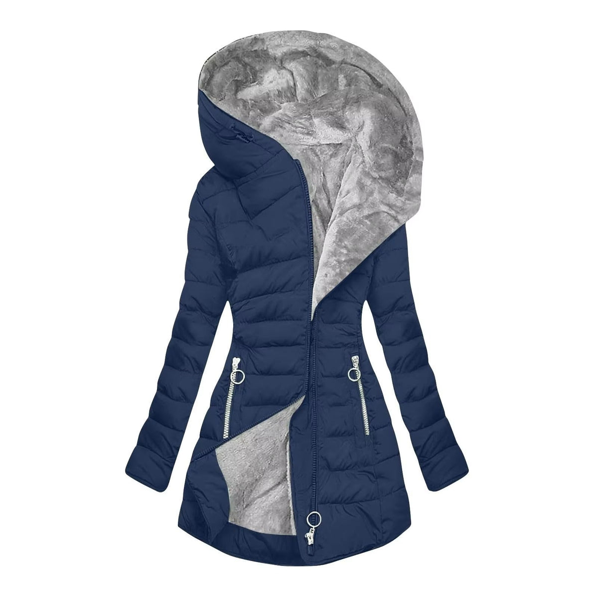 Hooded Fleece Lined Zip Front Longline Puffer Jacket