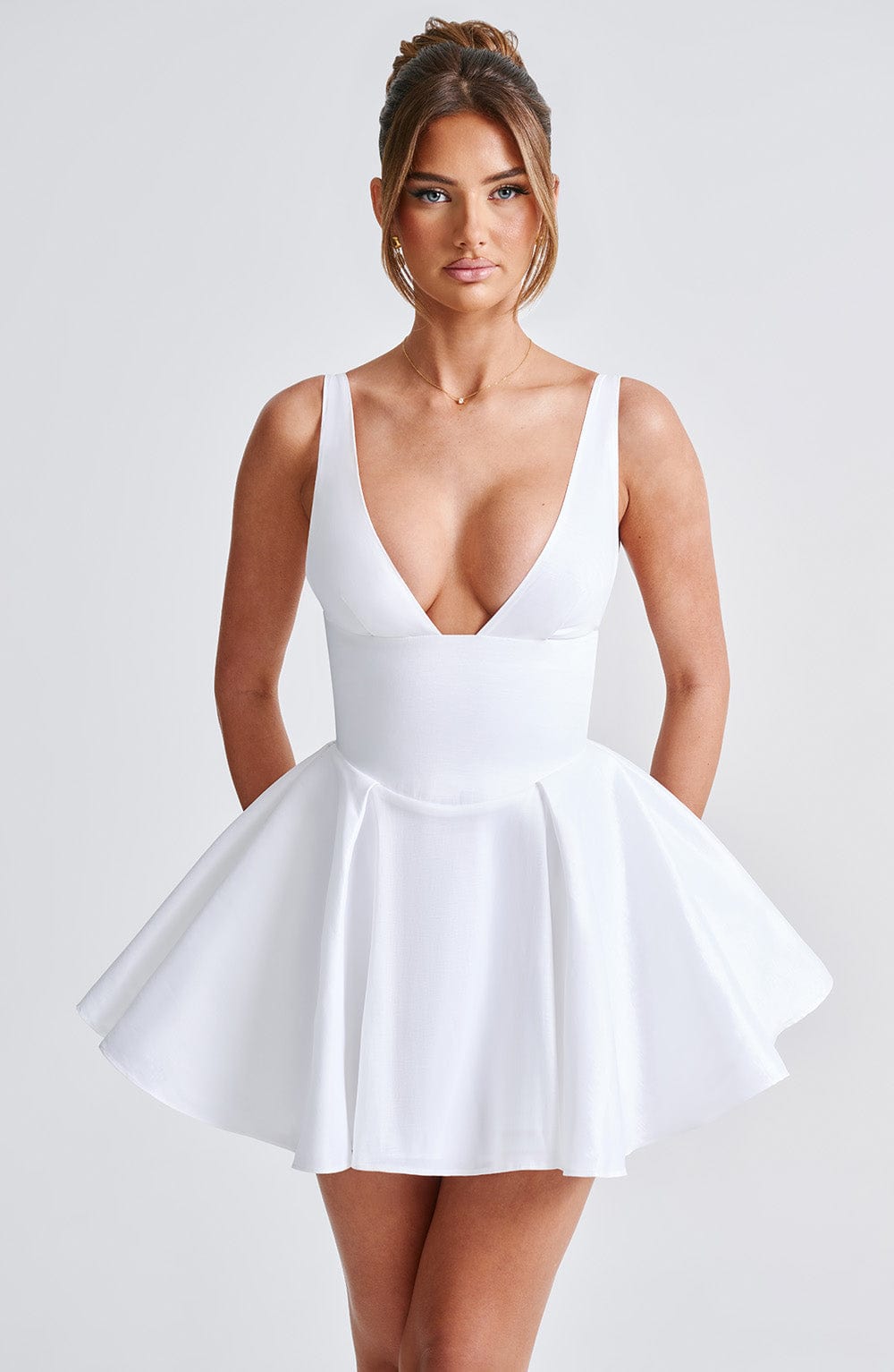 Deep V-Neck Sleeveless Fitted Waist Full Skirt Satin Mini Dress 8