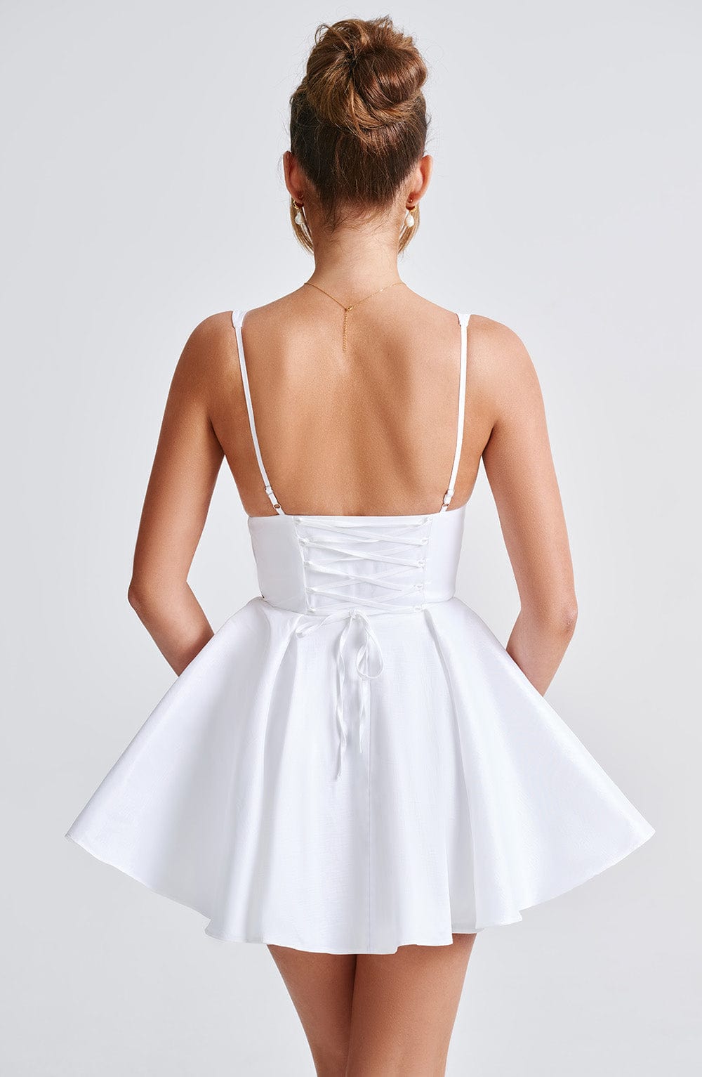 Deep V-Neck Sleeveless Fitted Waist Full Skirt Satin Mini Dress 10