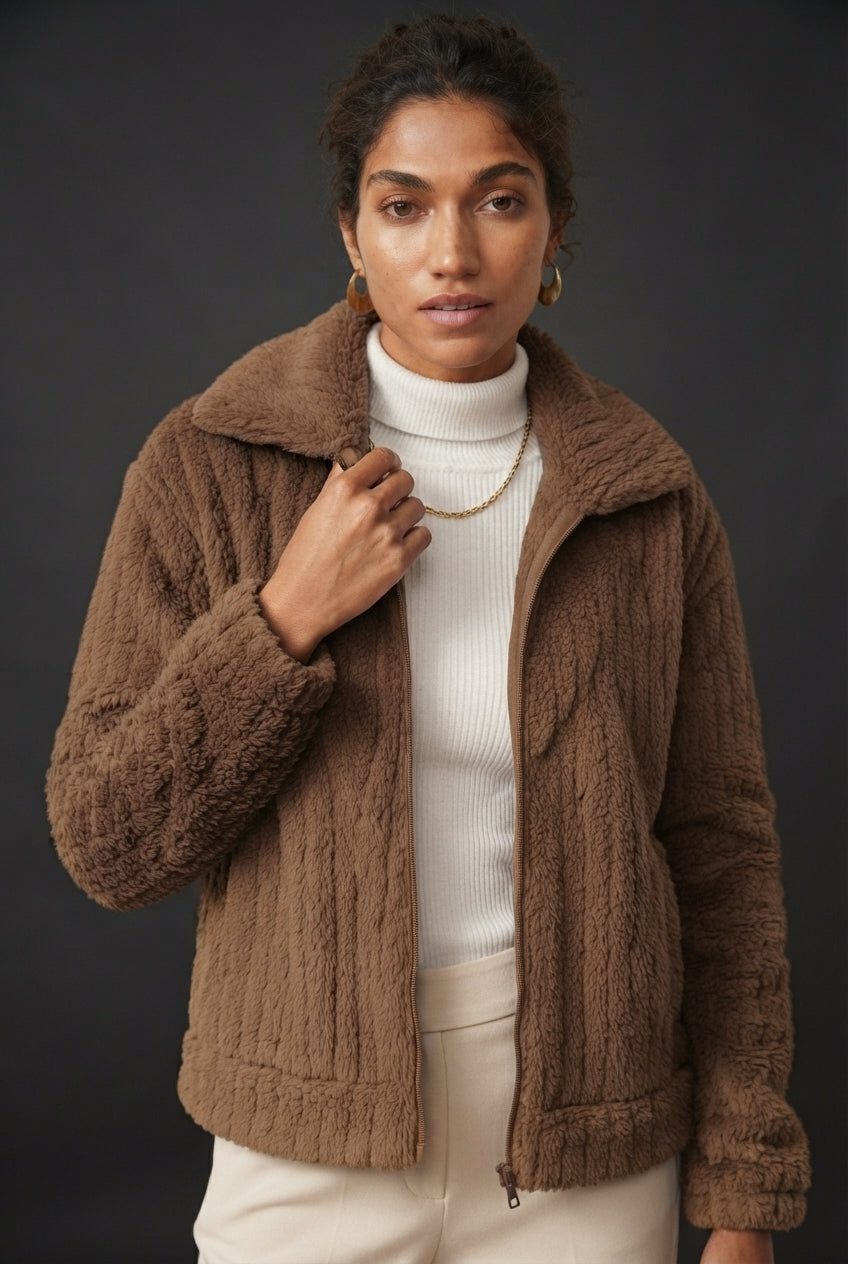 Zip Front Collared Sherpa Fleece Jacket