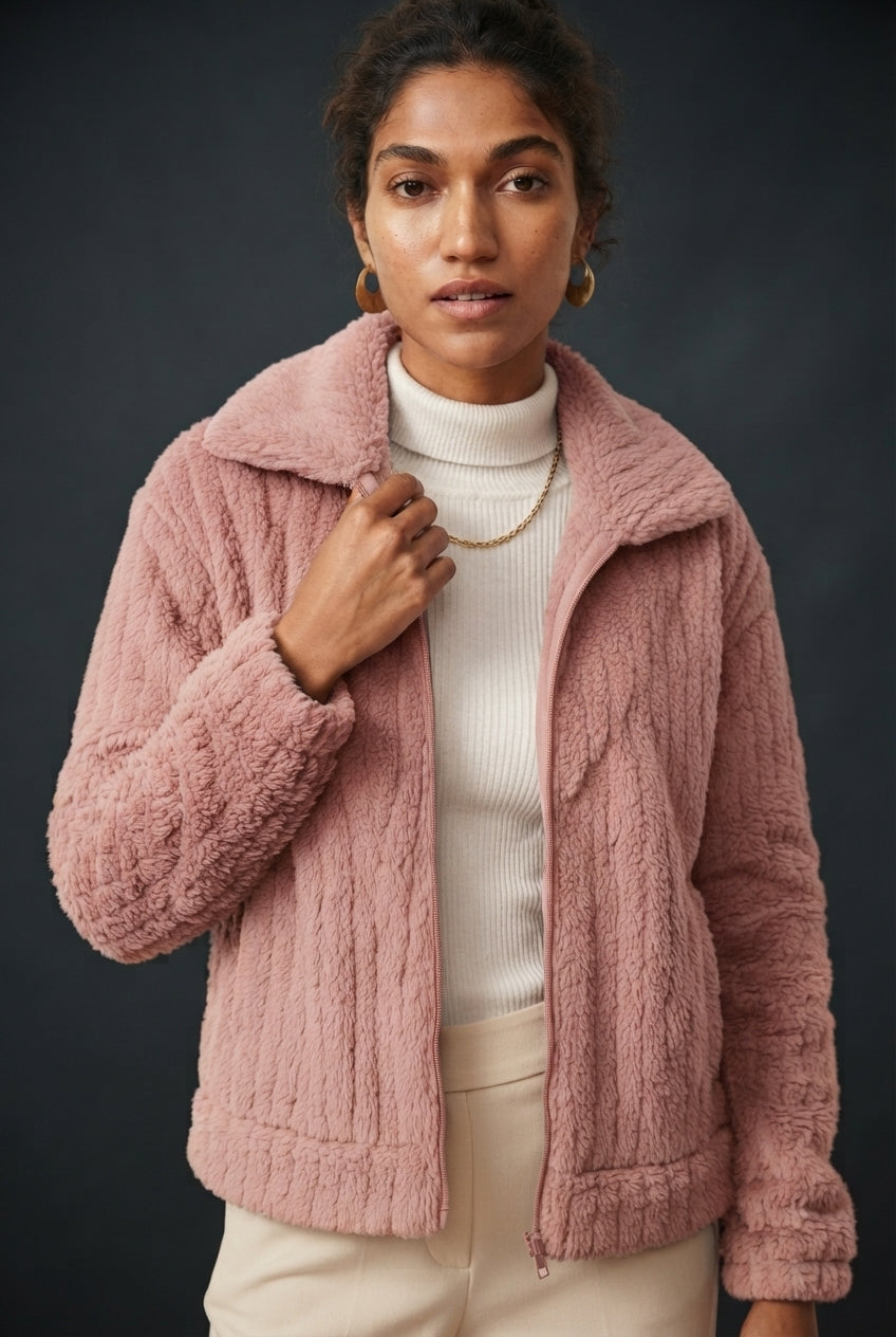 Zip Front Collared Sherpa Fleece Jacket