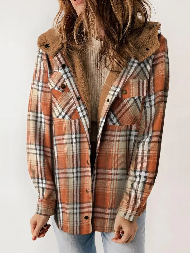 Plaid Hooded Sherpa Lined Button Front Shacket