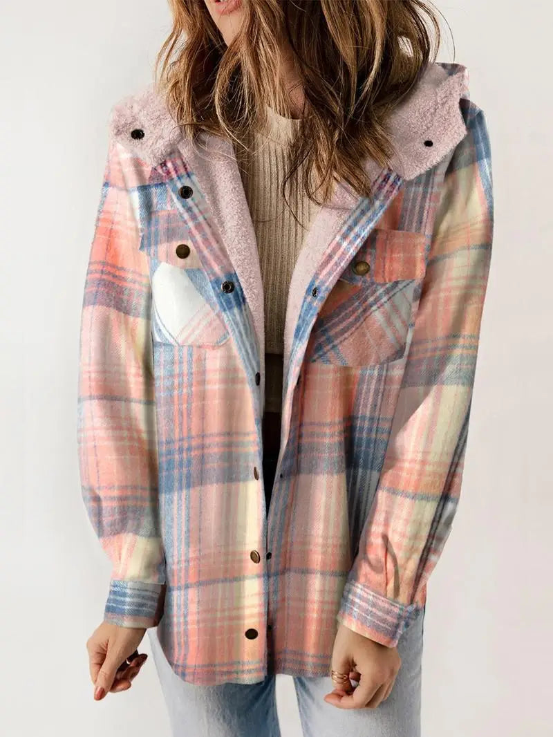 Plaid Hooded Sherpa Lined Button Front Shacket