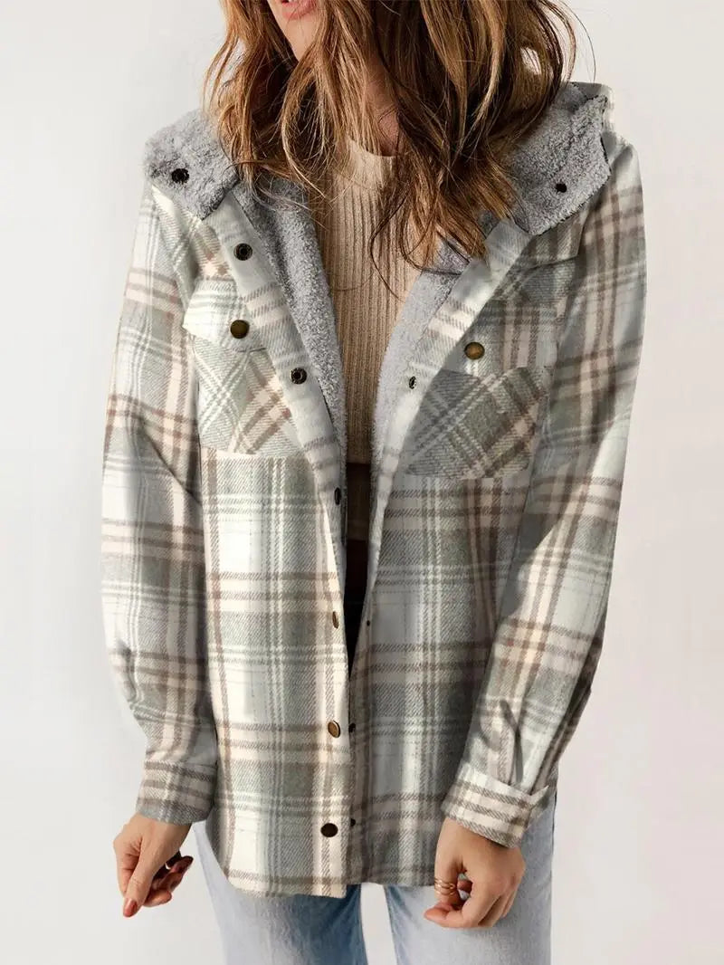 Plaid Hooded Sherpa Lined Button Front Shacket