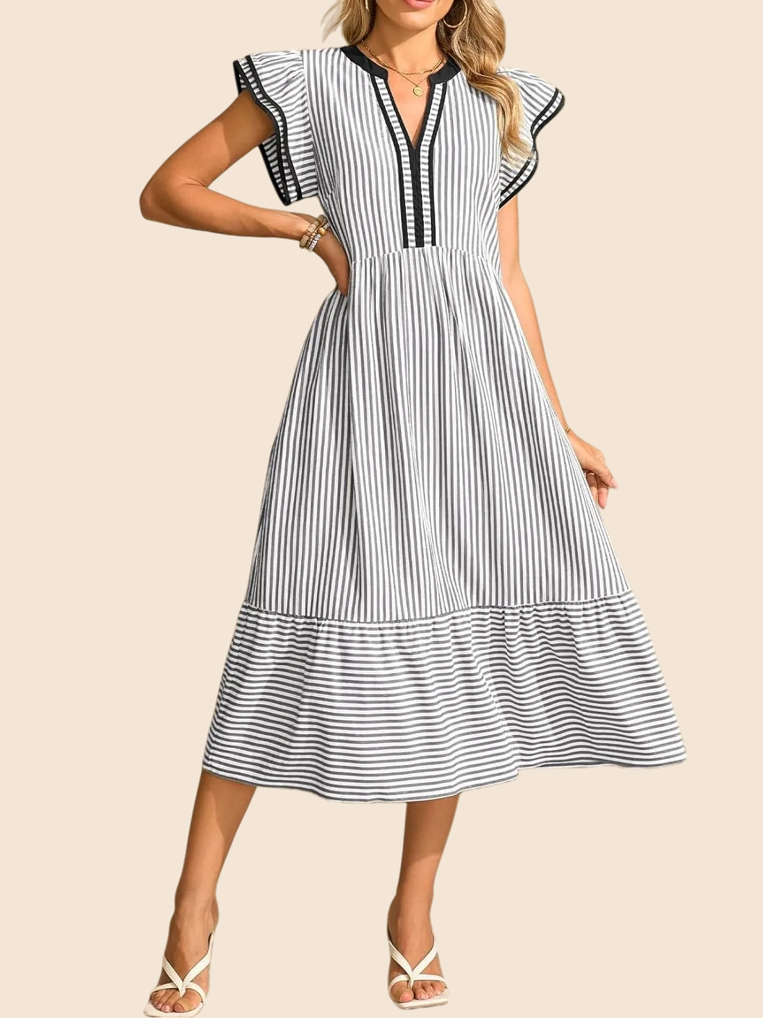 Striped V-Neck Flutter Sleeve Tiered Midi Dress