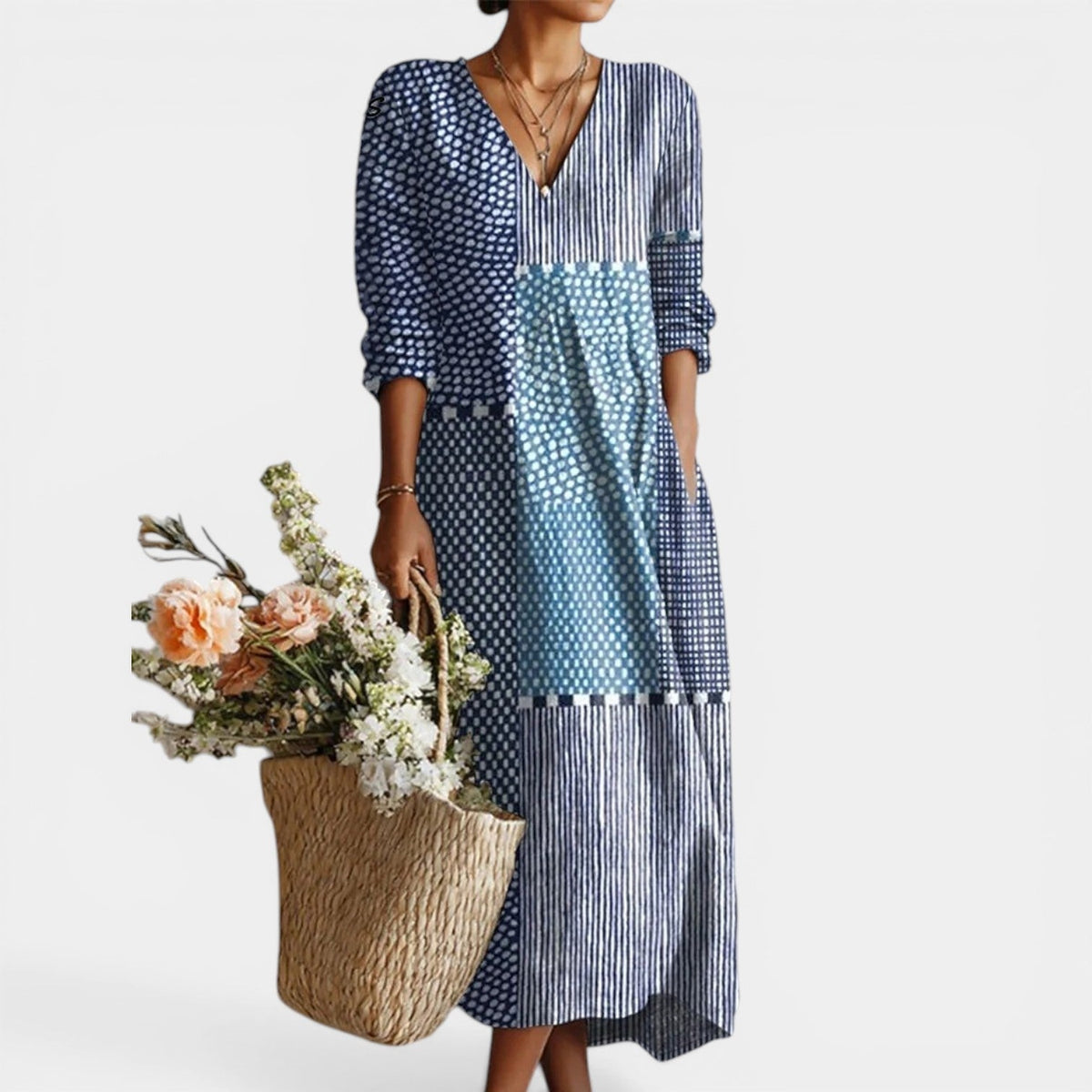 Polka Dot Stripe Patchwork V-Neck Maxi Dress