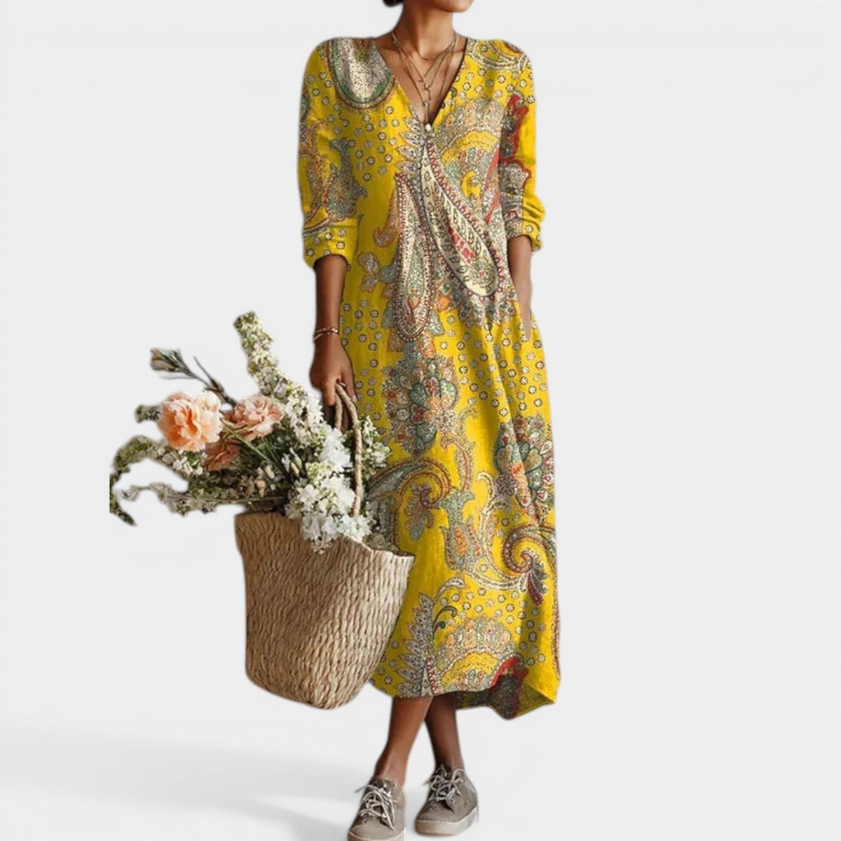 Paisley Print V-Neck Long Sleeve Maxi Dress