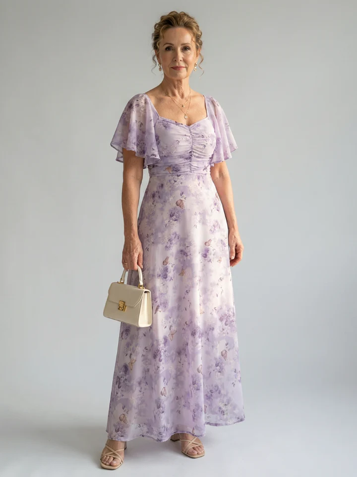 Floral Flutter Sleeve Square Neck Maxi Dress
