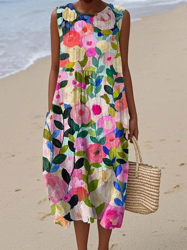 Floral Print Crew Neck Sleeveless Pocket Midi Dress