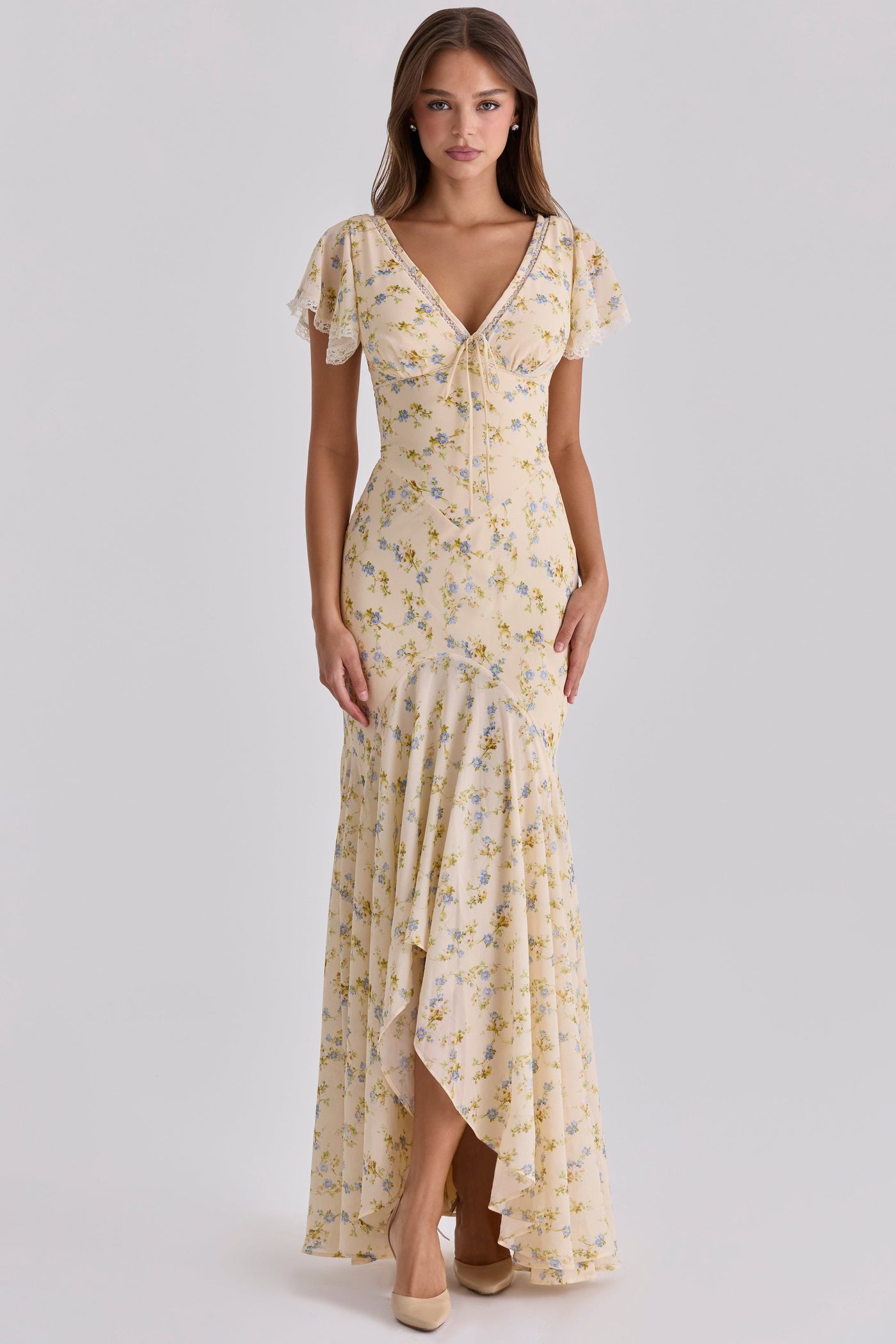 Floral V-Neck Flutter Sleeve Lace Trim Maxi Dress
