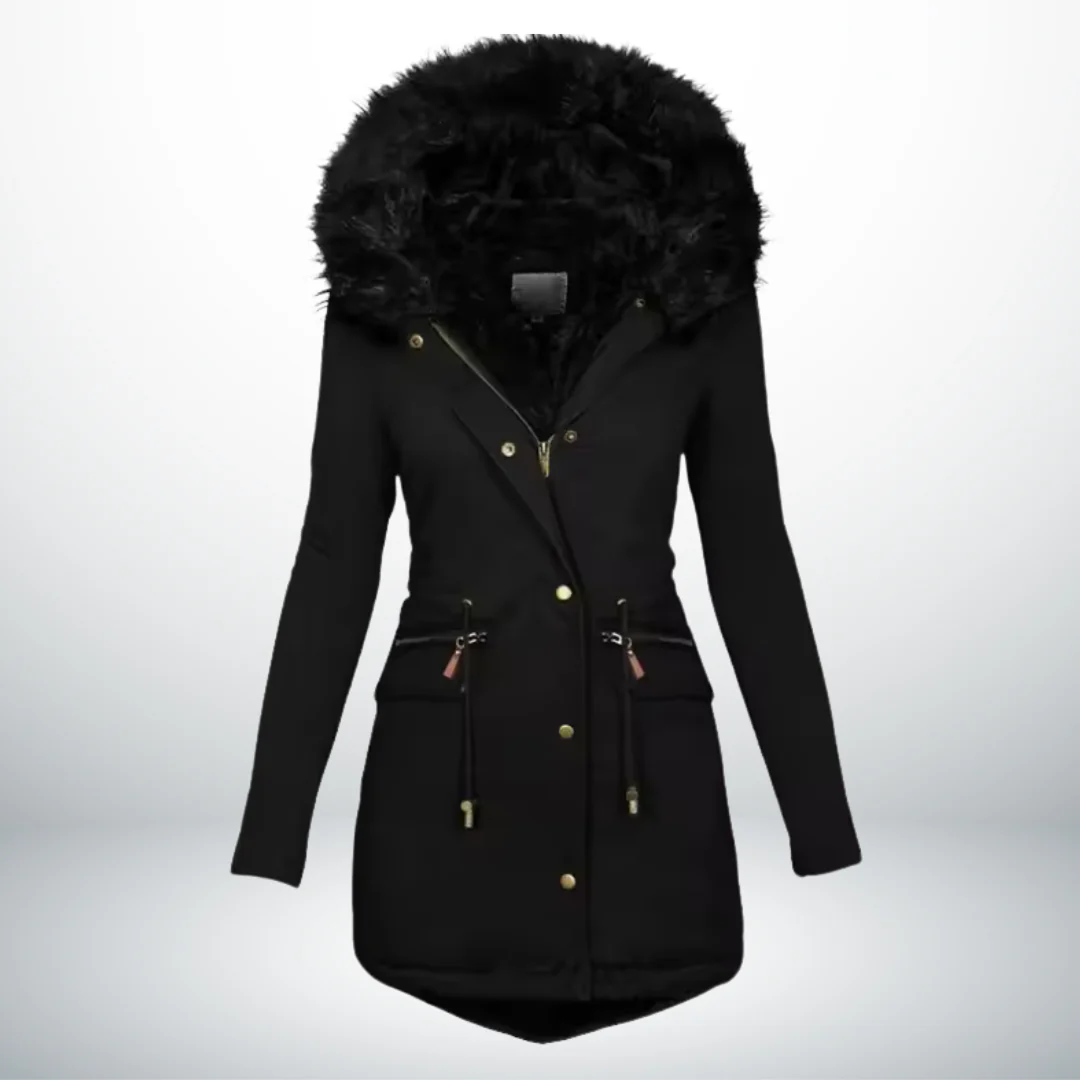 Faux Fur Hood Zip Front Drawstring Longline Parka Coat