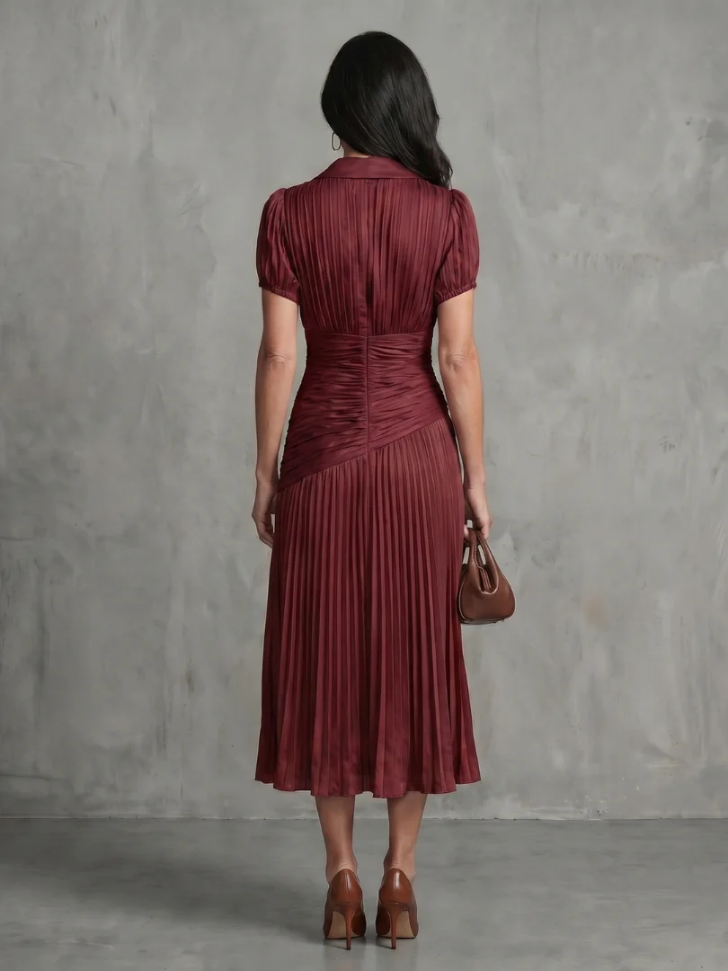 Collared Short Sleeve Pleated Ruched Midi Dress