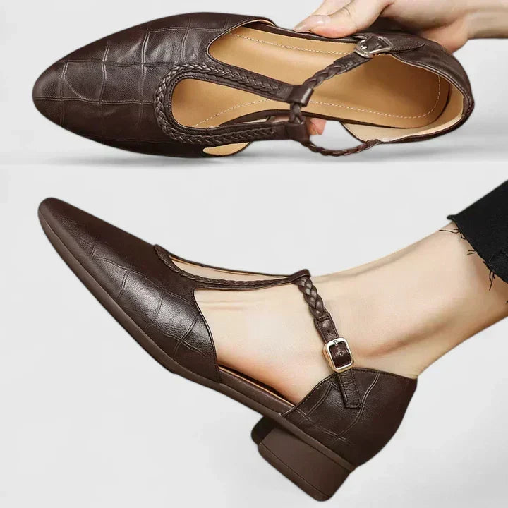 Pointed Toe Braided T-Strap Buckle Flats