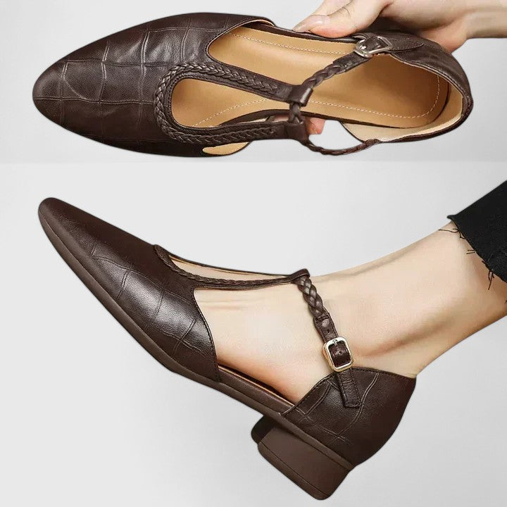Croc Look Pointed Toe Braided T-Strap Flats 4