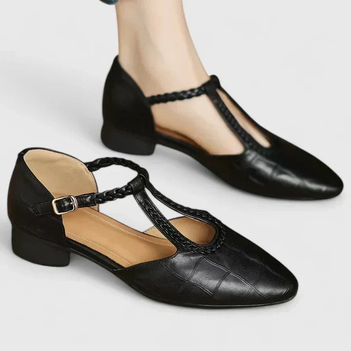 Pointed Toe Braided T-Strap Buckle Flats