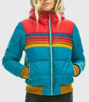 Retro Stripe Zip Front Stand Collar Puffer Jacket