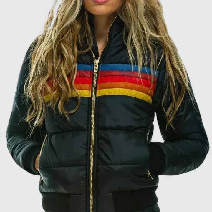 Retro Stripe Zip Front Stand Collar Puffer Jacket