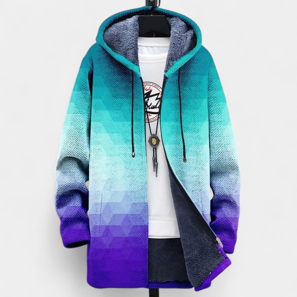 Ombre Geometric Print Hooded Fleece Lined Zip Front Knit Cardigan Coat
