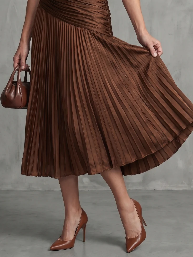 Collared Short Sleeve Pleated Ruched Midi Dress