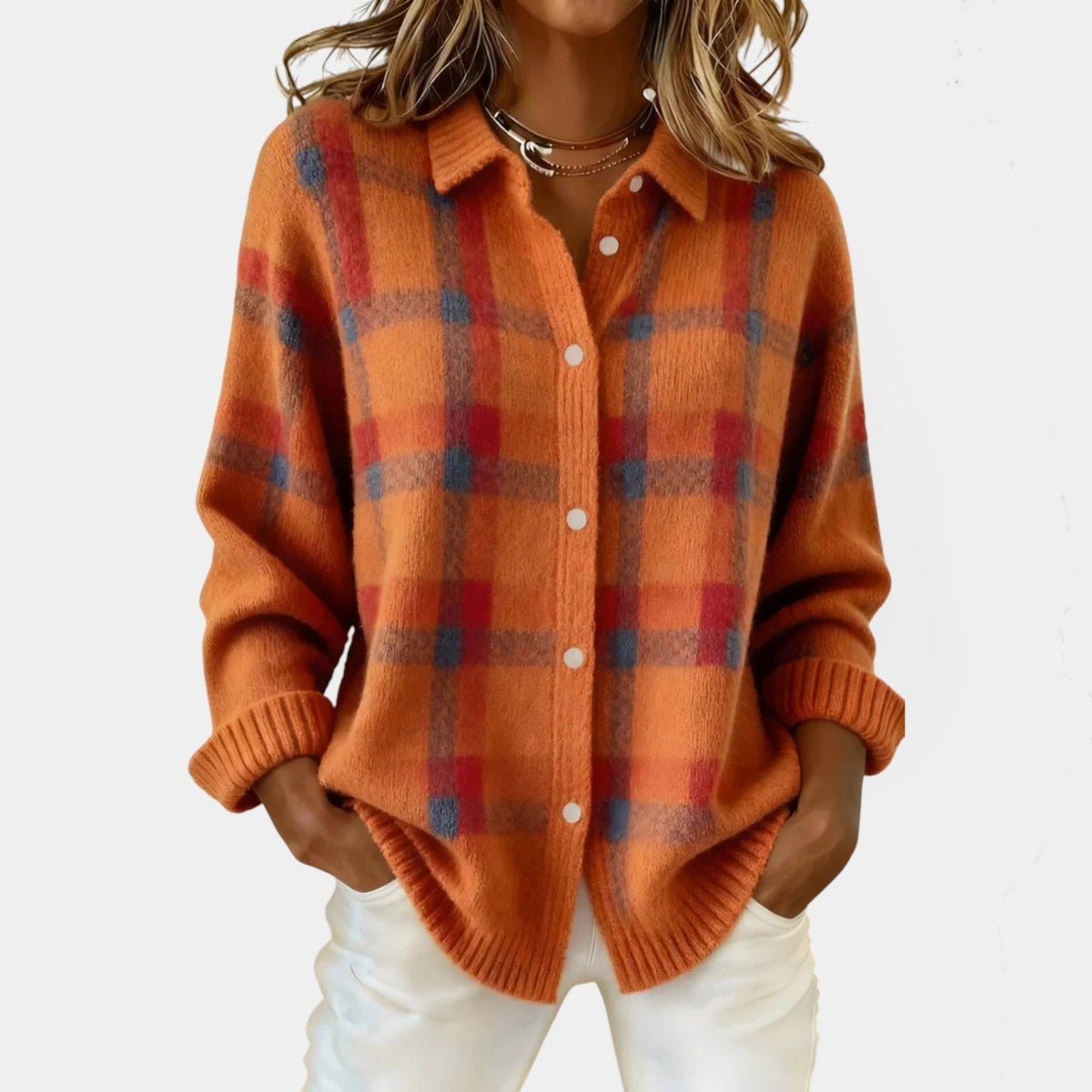 Collared Button Front Plaid Knit Shirt Cardigan