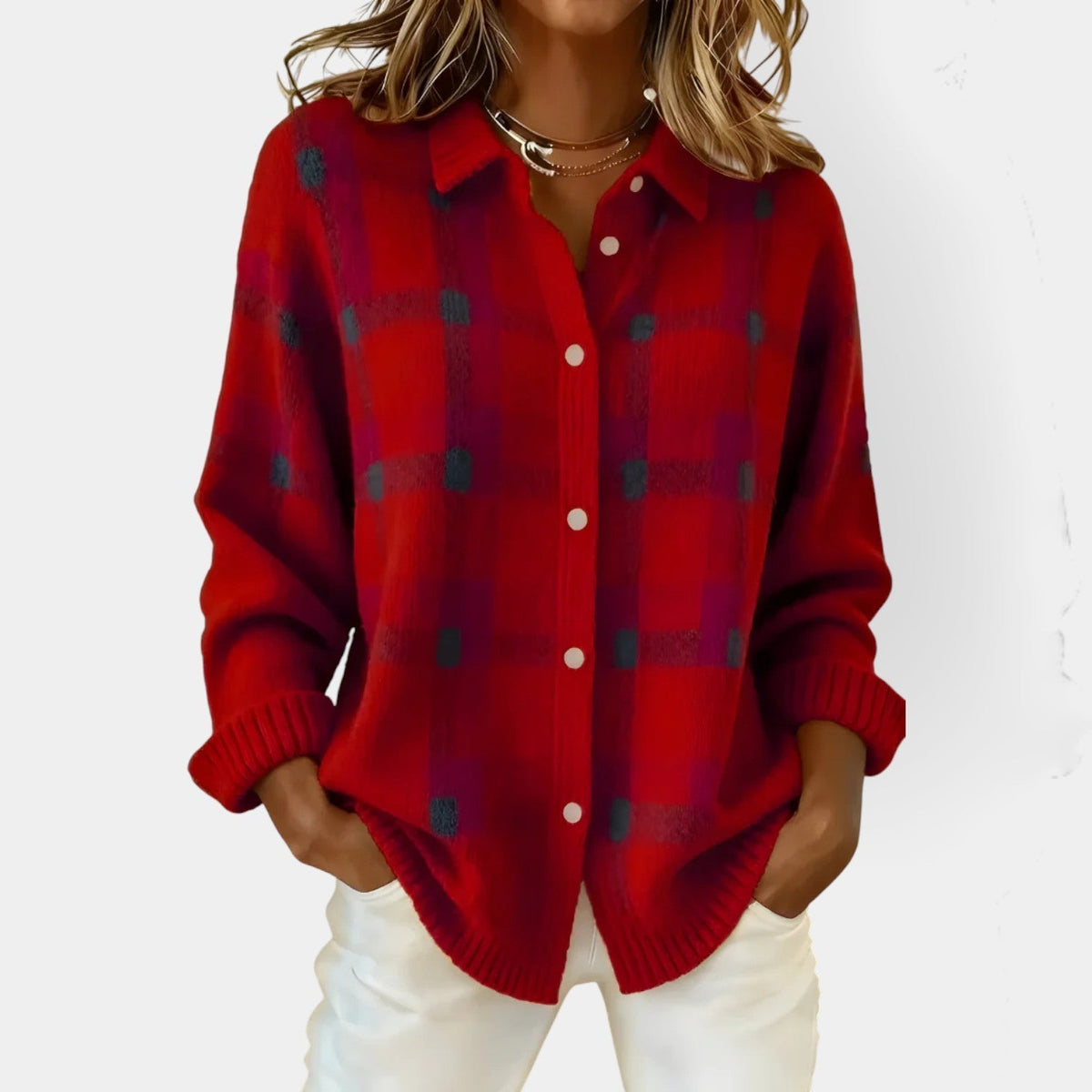 Collared Button Front Plaid Knit Shirt Cardigan