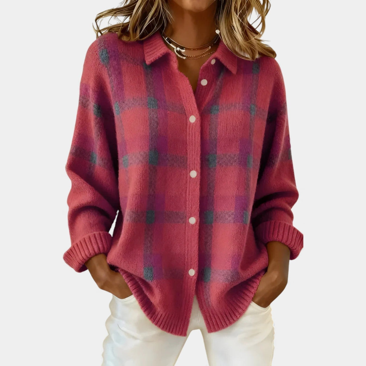 Collared Button Front Plaid Knit Shirt Cardigan