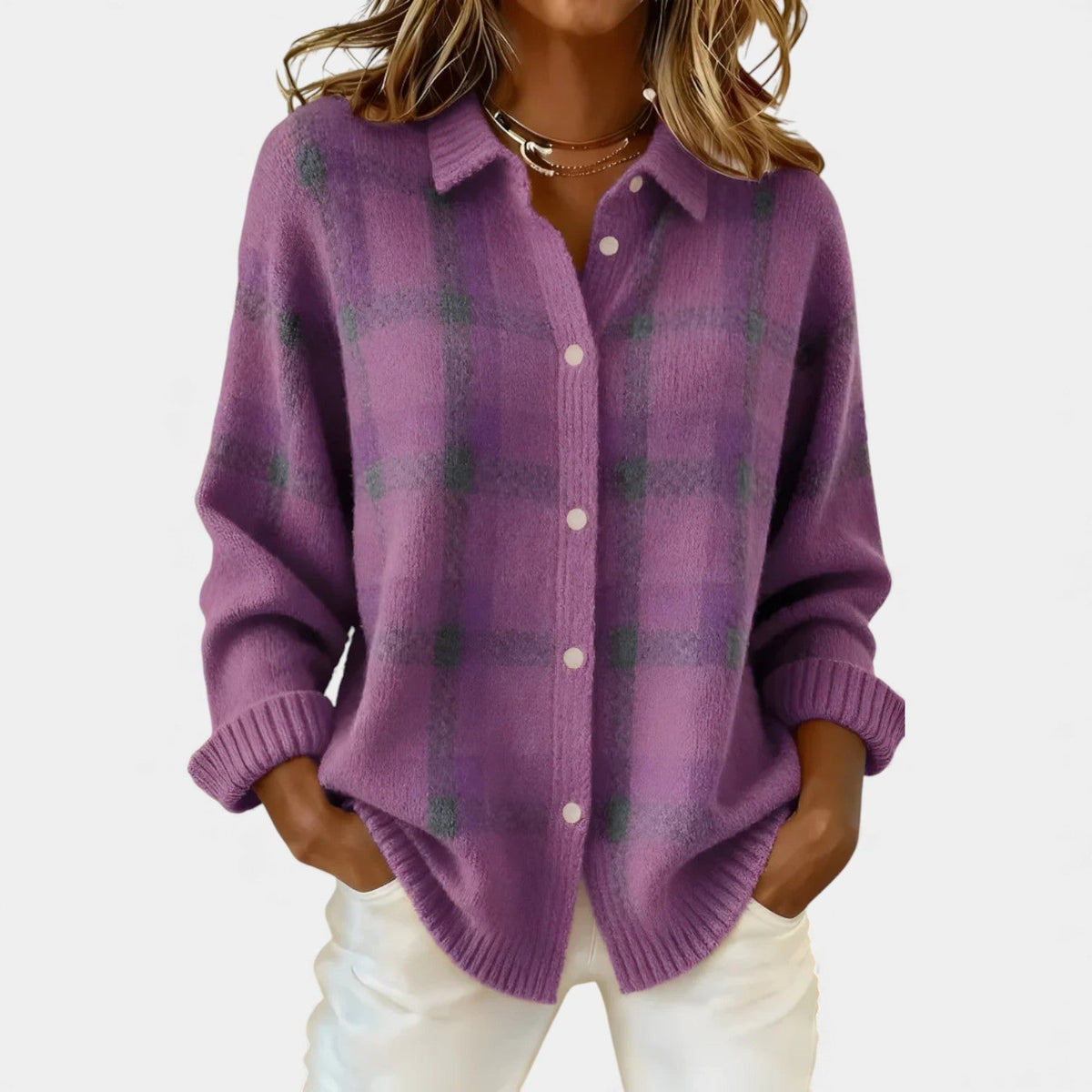 Collared Button Front Plaid Knit Shirt Cardigan