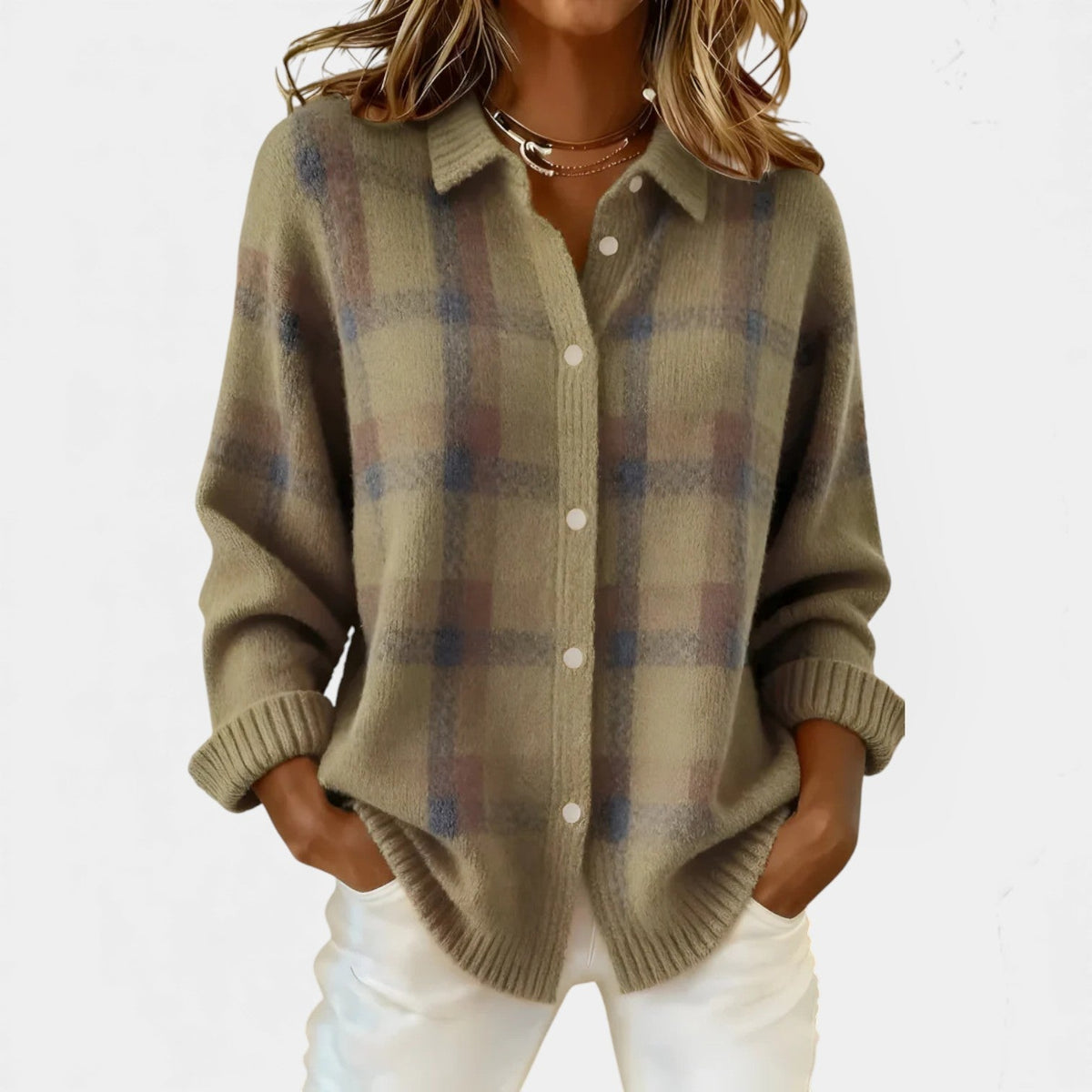 Collared Button Front Plaid Knit Shirt Cardigan