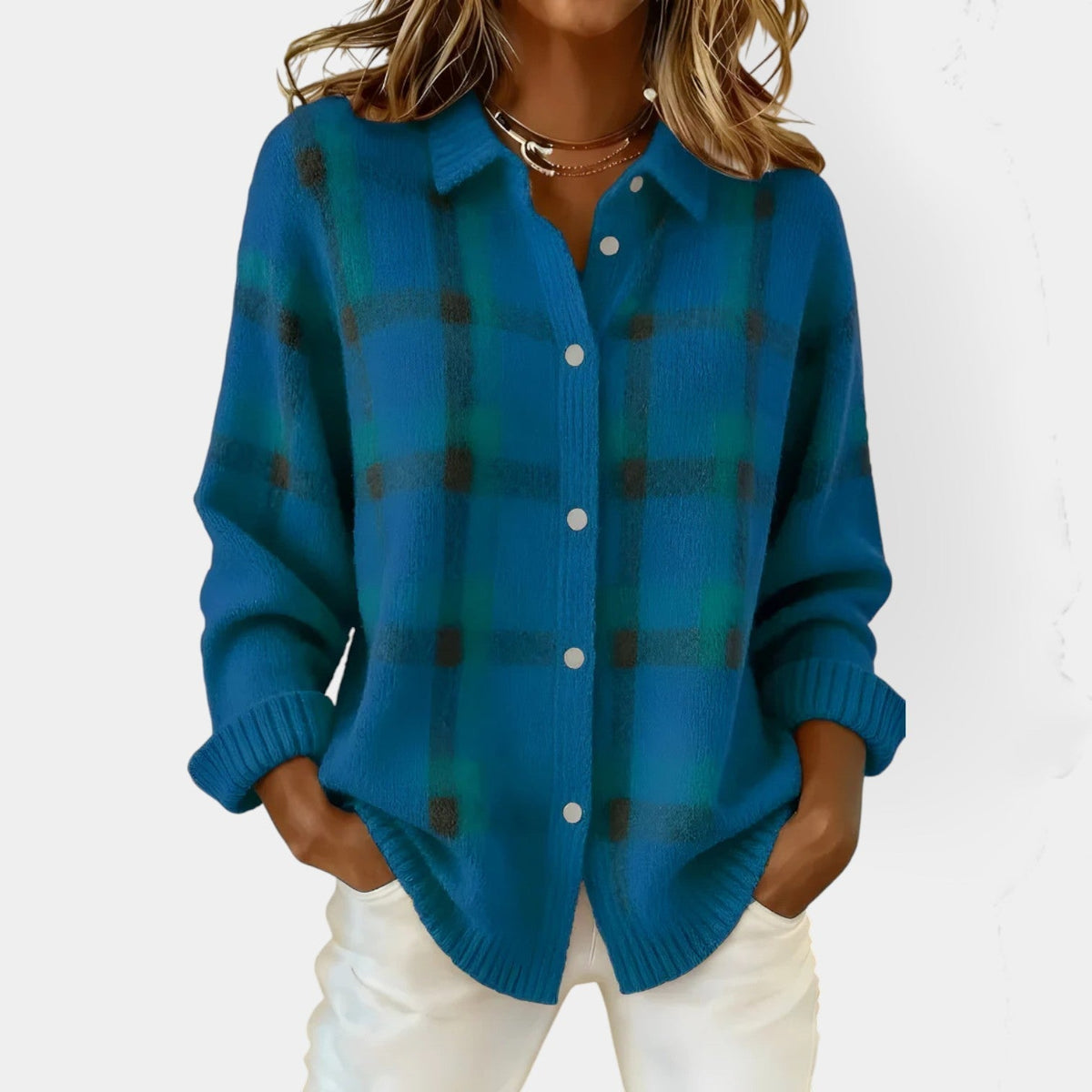 Collared Button Front Plaid Knit Shirt Cardigan