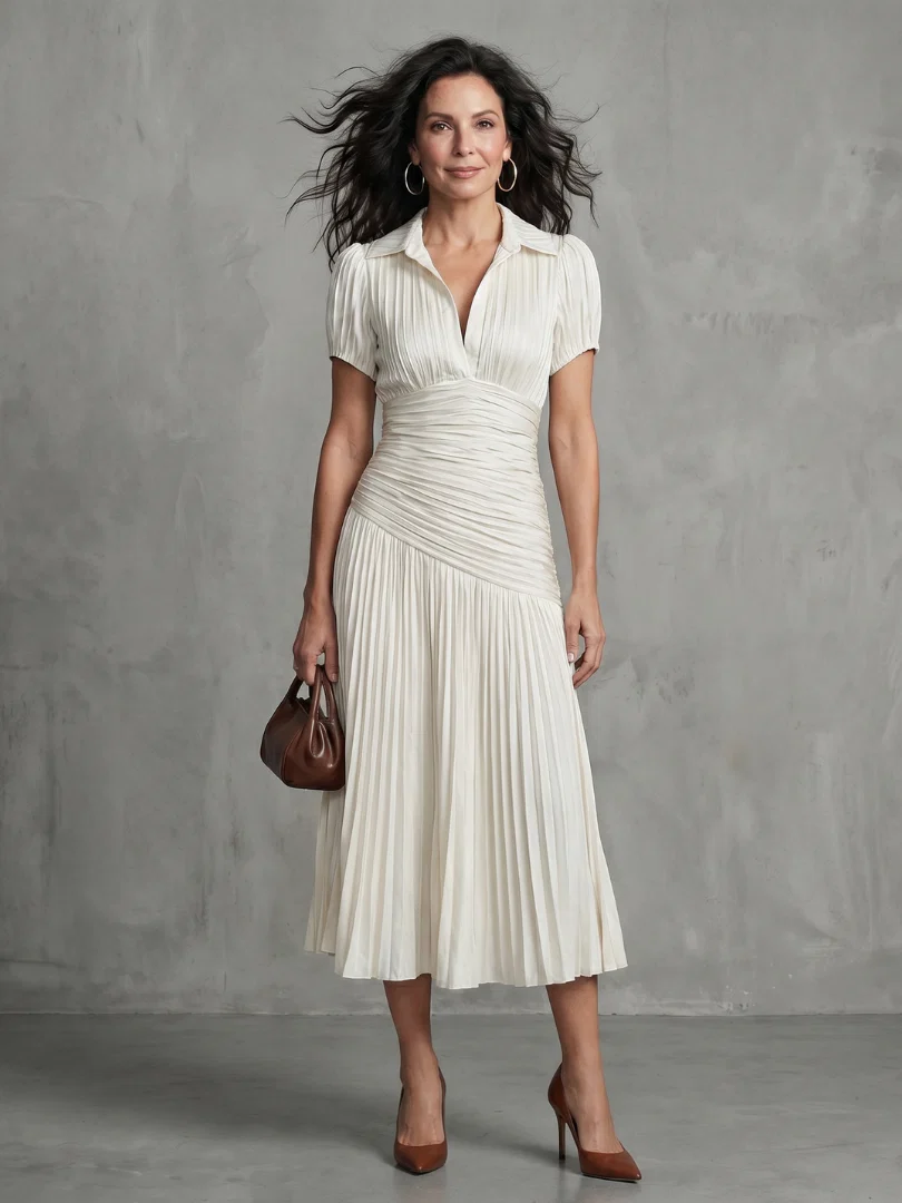 Collared Short Sleeve Pleated Ruched Midi Dress