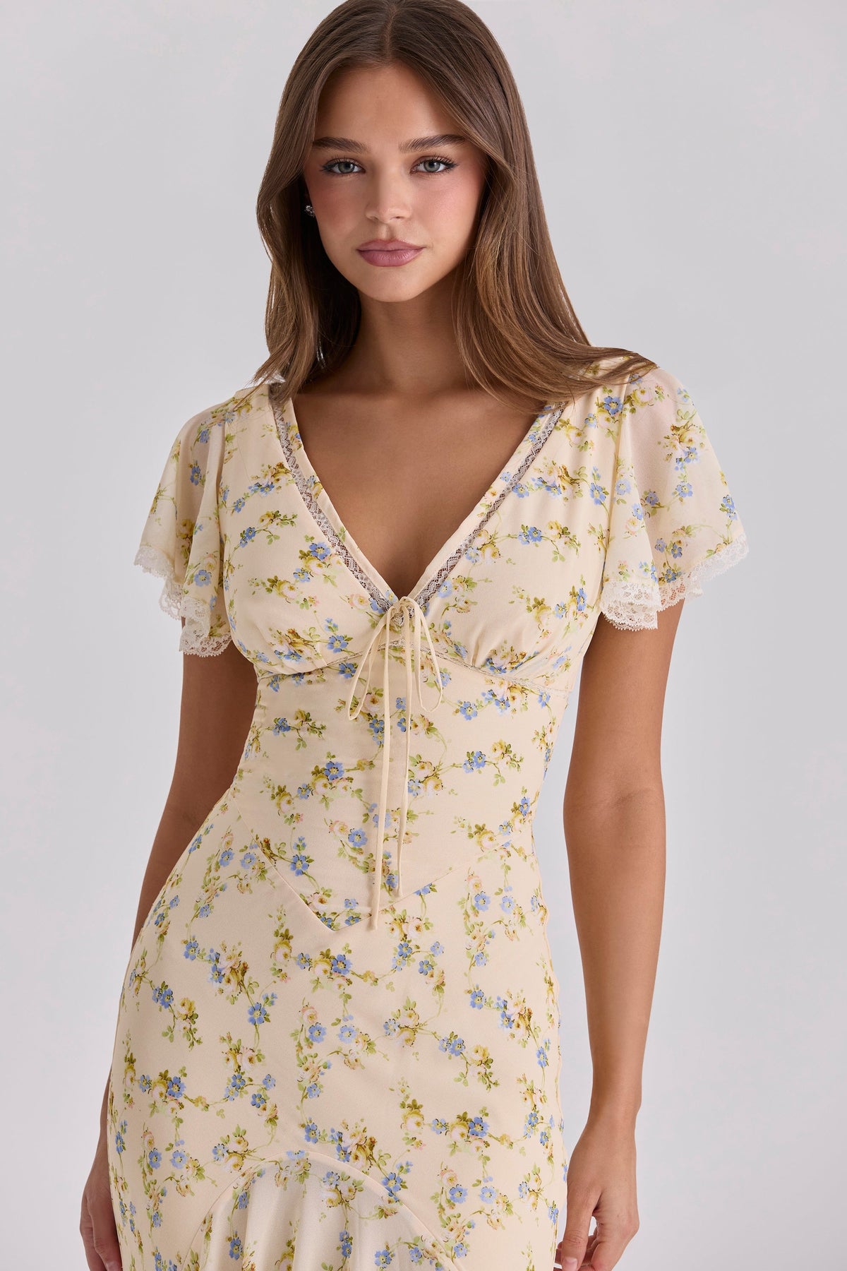 Floral V-Neck Flutter Sleeve Lace Trim Maxi Dress 3