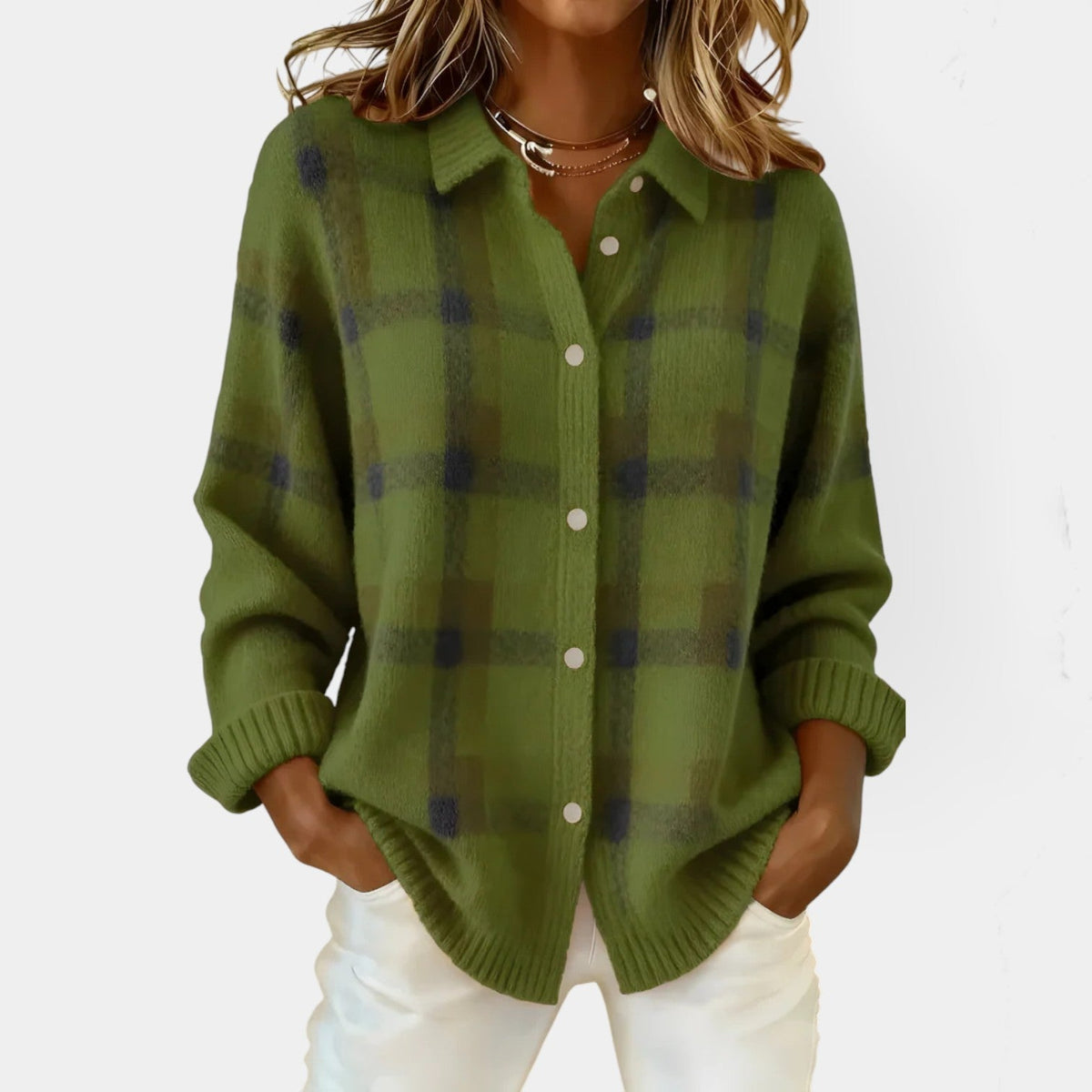 Collared Button Front Plaid Knit Shirt Cardigan