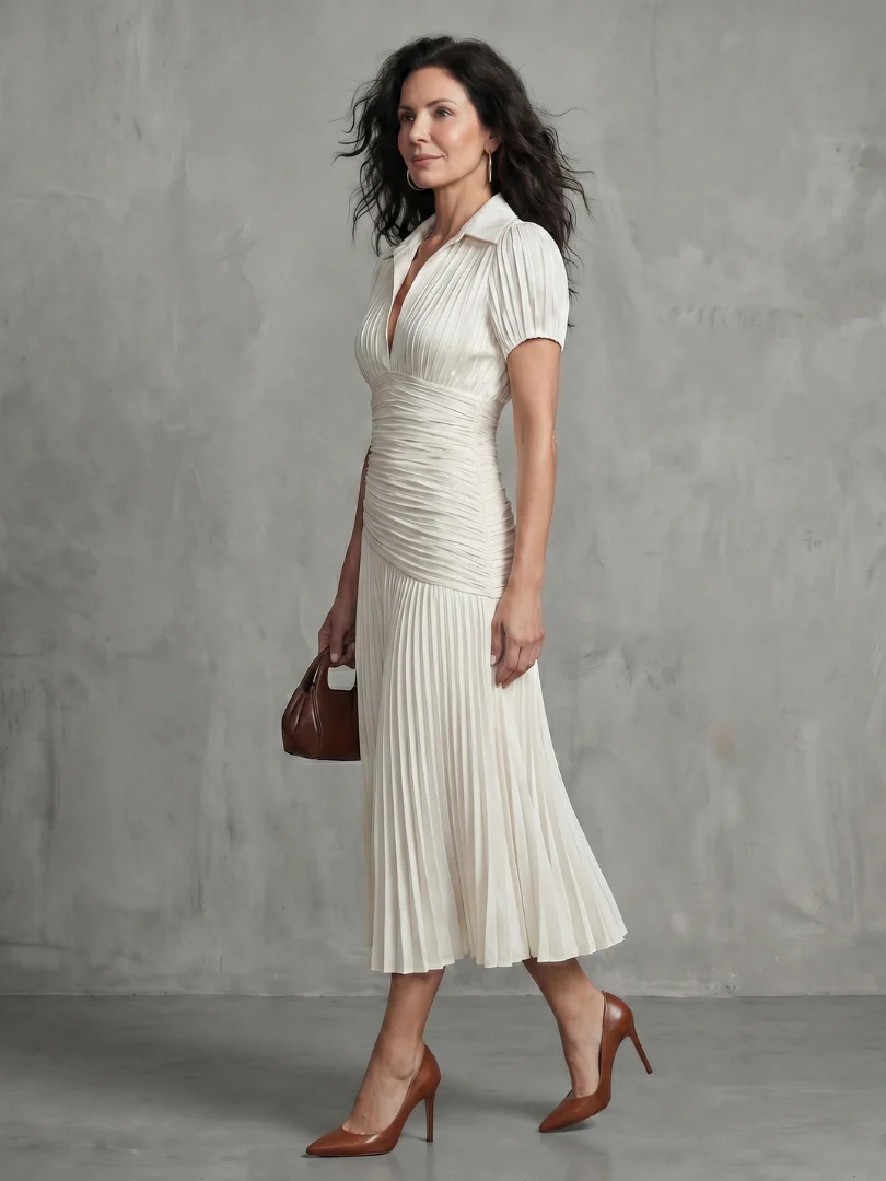Collared Short Sleeve Pleated Ruched Midi Dress
