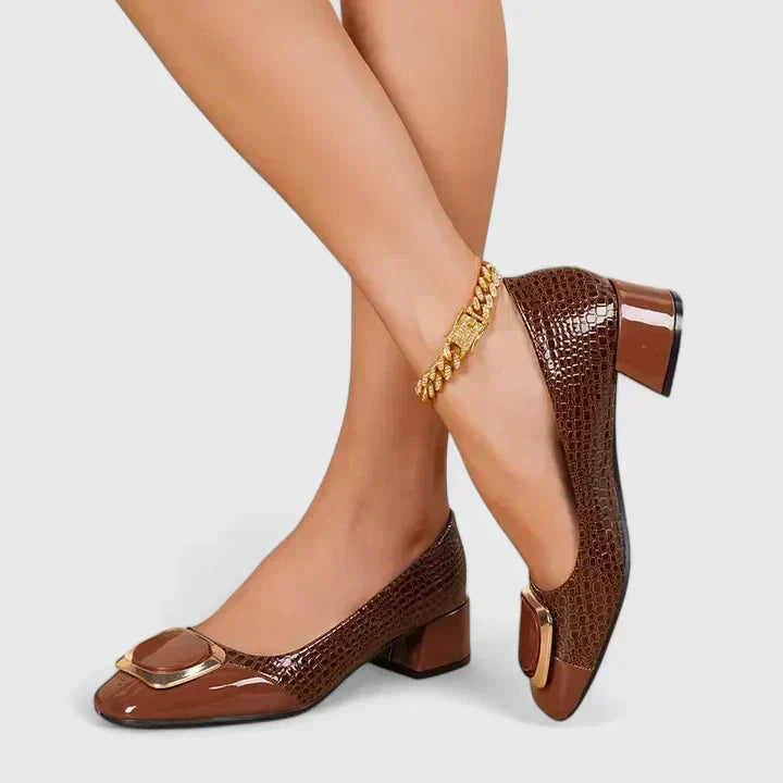 Square Toe Gold Buckle Block Heel Pumps