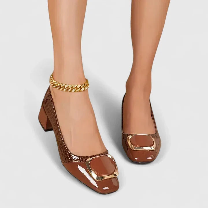 Pointed Toe Croc Embossed Block Heel Buckle Pumps