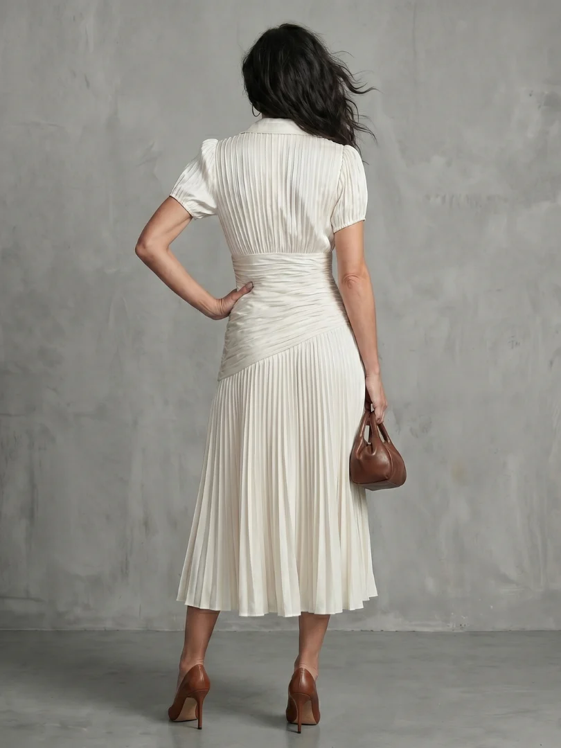 Collared Short Sleeve Pleated Ruched Midi Dress