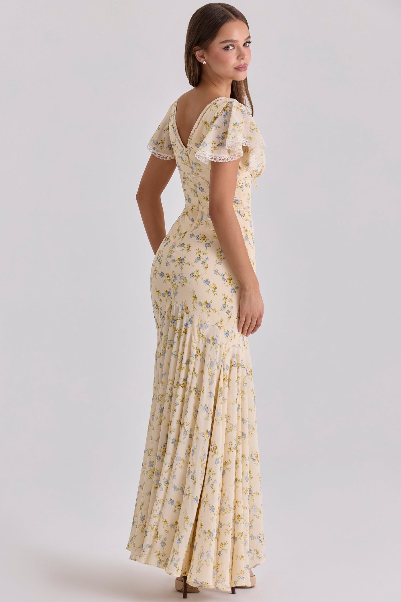 Floral V-Neck Flutter Sleeve Lace Trim Maxi Dress 6