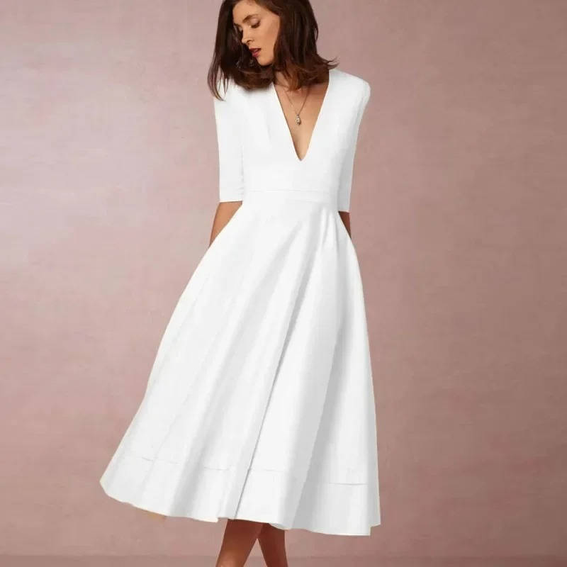 Deep V-Neck Half Sleeve Fit and Flare Midi Dress 7
