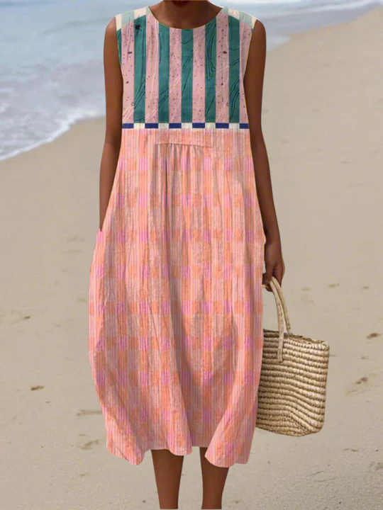 Striped Colorblock Crew Neck Sleeveless Pocket Midi Dress