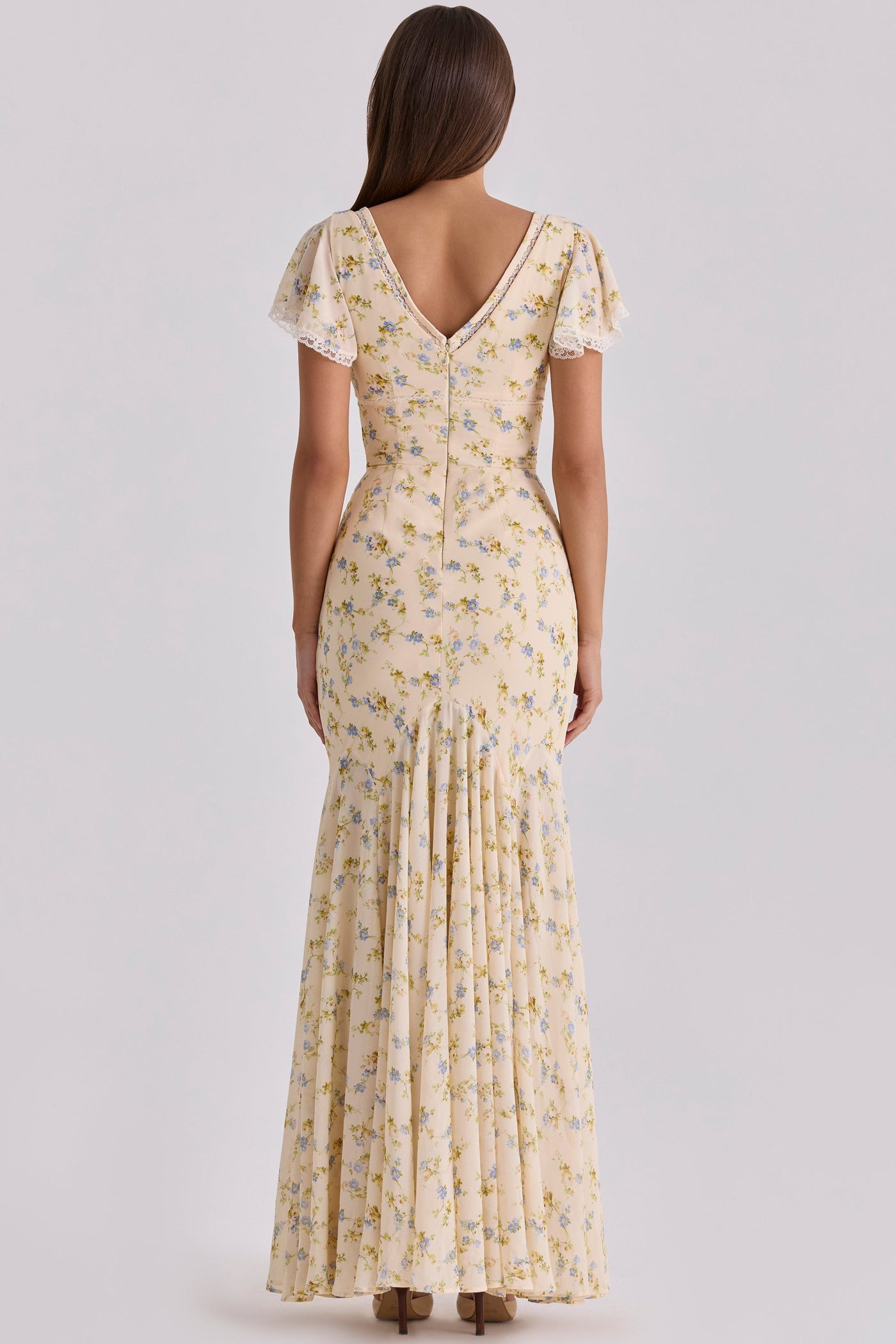 Floral V-Neck Flutter Sleeve Lace Trim Maxi Dress 2