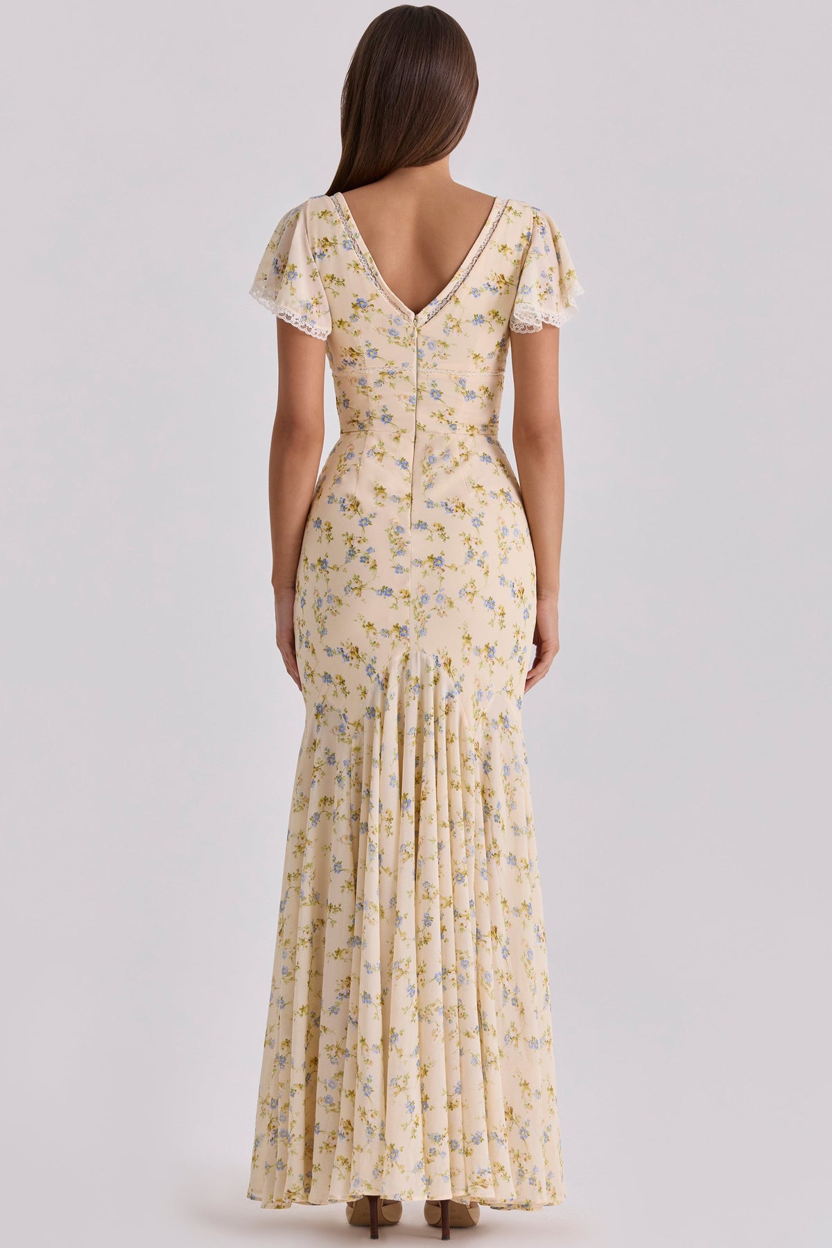 Floral V-Neck Flutter Sleeve Lace Trim Maxi Dress 2
