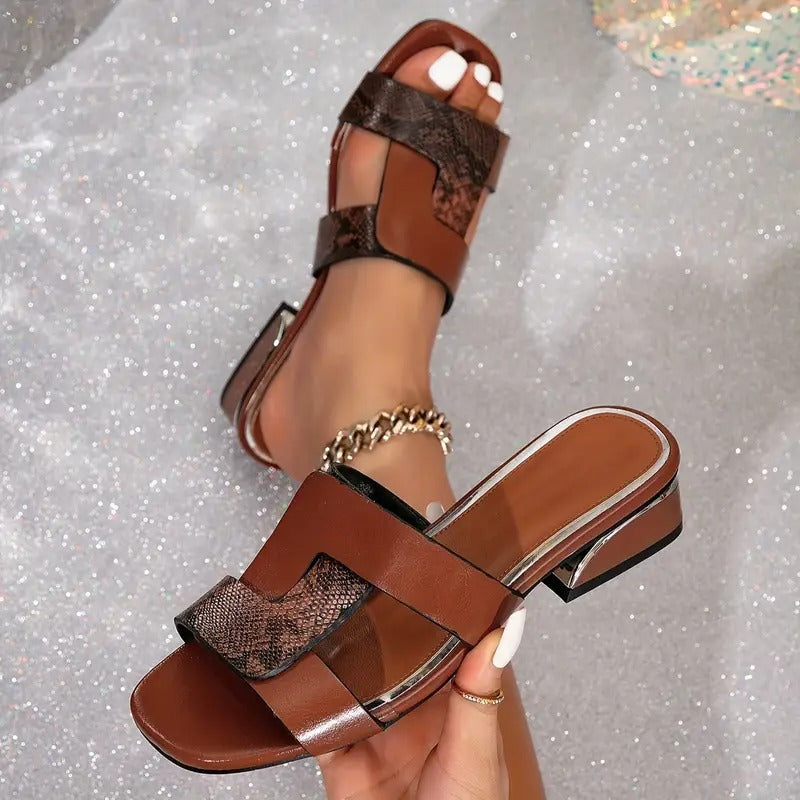 Open Toe Snake Print Strap Low Block Heel Mules