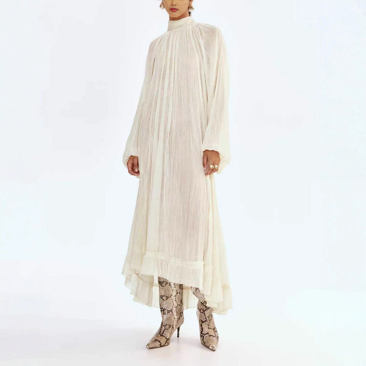 Pleated Sheer Mock Neck Long Sleeve Ruffle Hem Oversized Maxi Dress
