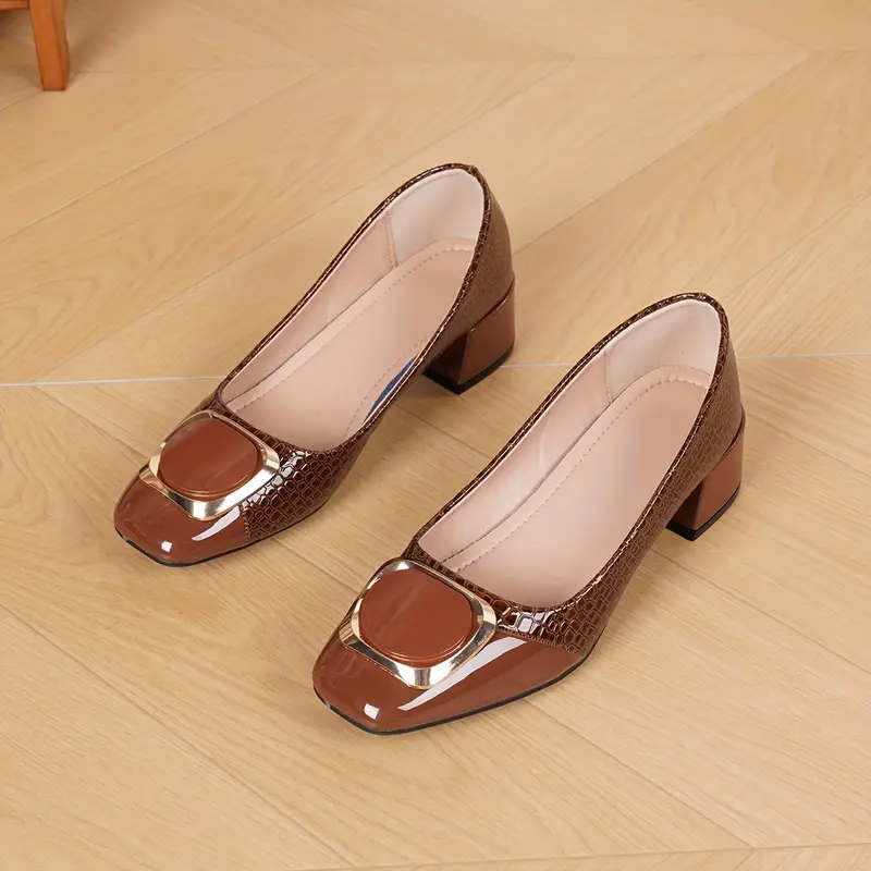 Square Toe Buckle Block Heel Pumps
